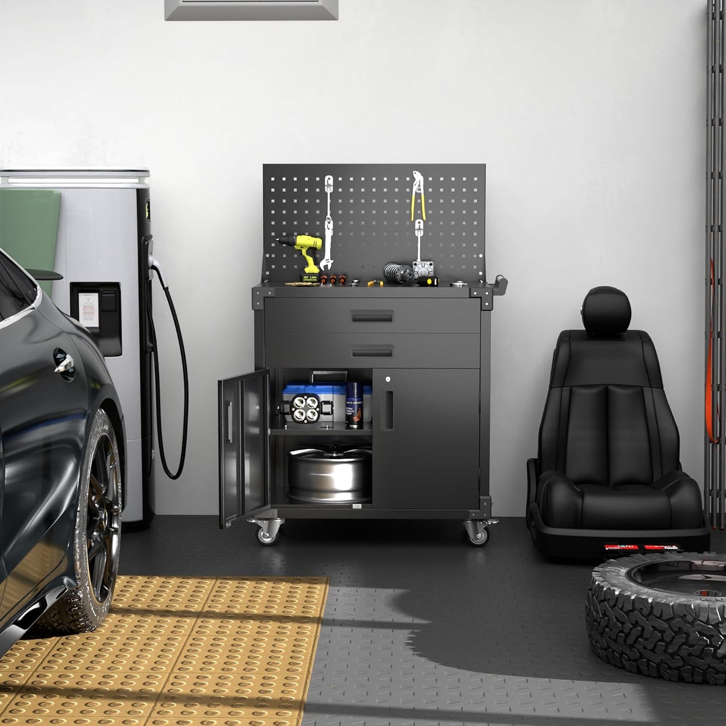 Tool Chest, Tool Cart with 2 Drawer and Lockable Doors, Garage Storage Cabinet with Wheels, Pegboard and 4 Hooks for Garage, Workshop, Metal Tool Storage Cart