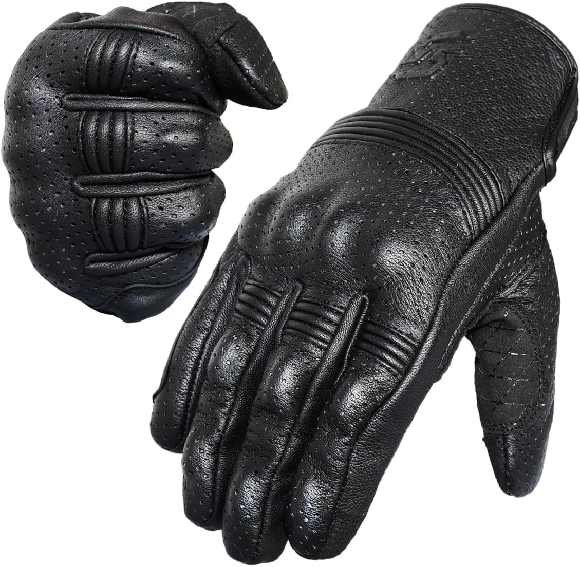Leather Motorcycle Gloves for Men and Women | Touchscreen | Full Finger | Goatskin Leather Hard Knuckle Motorcycle Riding Gloves (Perforated, Small)
