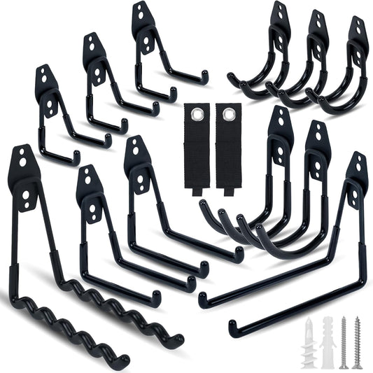 14 Pack Garage Hooks, Utility Wall Mount Garage Hooks Heavy Duty with Multiple Welding Spots, Garage Organization for Hanging Garden & Shed Tools, Bike, Ladder, Hose and More(Black)