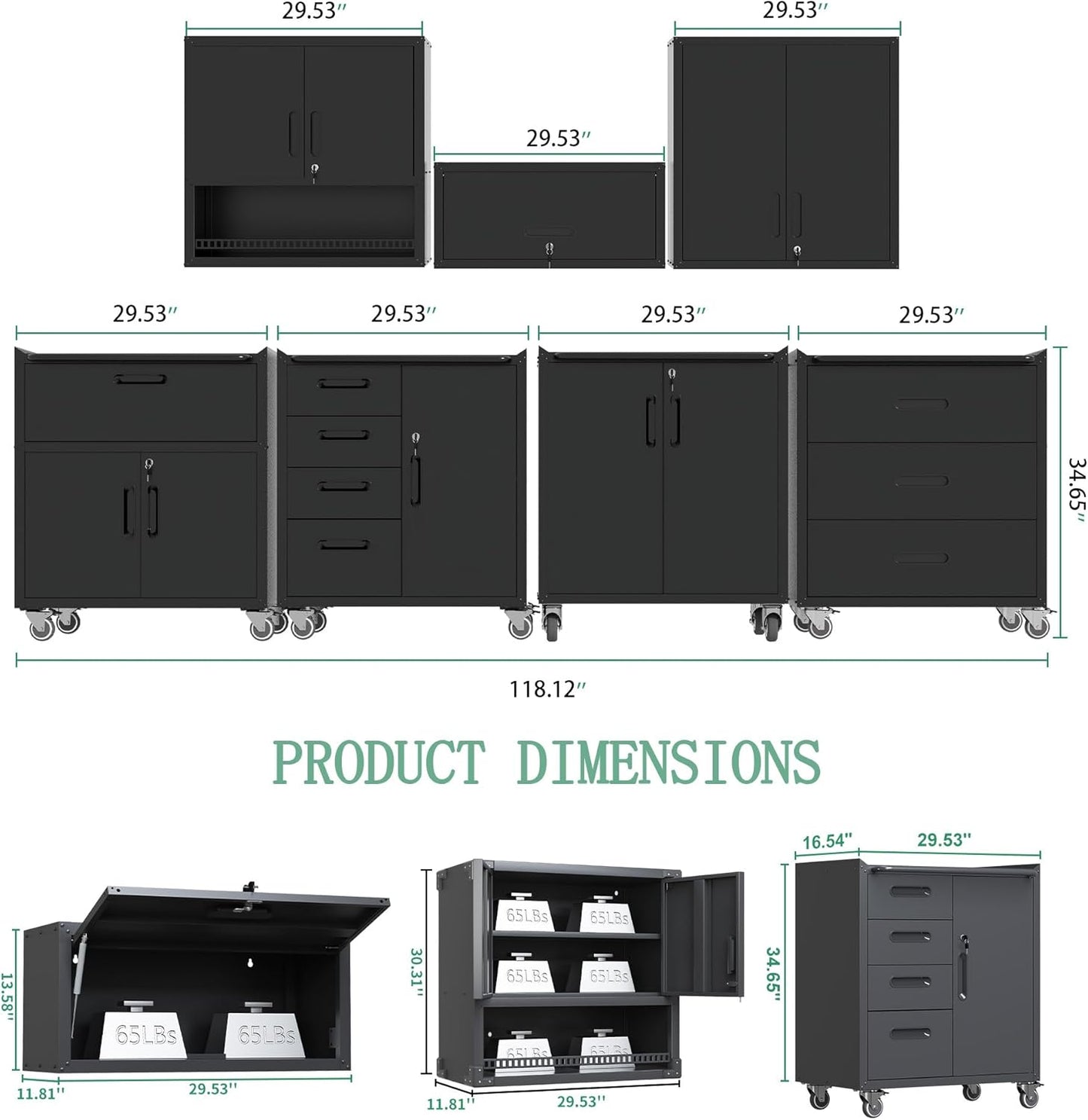 Metal Tool Cabinet,Garage Storage Cabinet System,Wall Cabinet & Locking Rolling Tool Cabinet with Doors and Adjustable Shelves,Steel Tool Cabinets for Home,Office (5 Pcs-StyleB, Black)