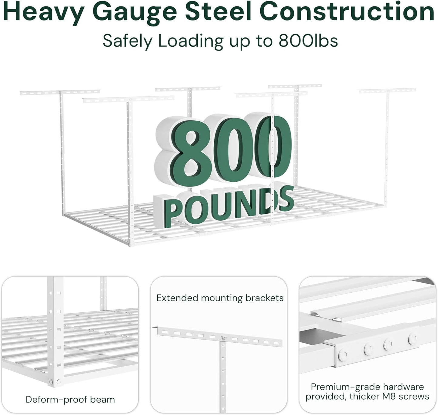 SunsGrove 3x8 Garage Storage Overhead Rack Organization, Adjustable Ceiling Mounted Storage Racks, 800LBS Weight Capacity, 22"-40" Ceiling Dropdown, 2 Pcs, White