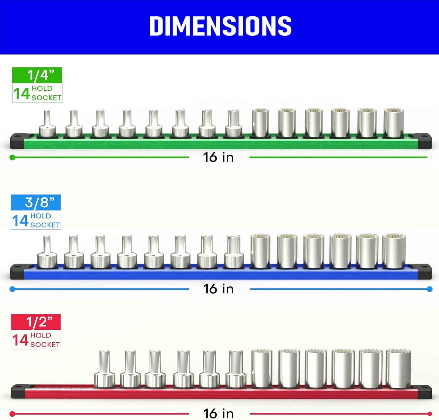 Magnetic Socket Holder Organizer Set, 3-Piece Heavy Duty Socket Rack Kit, 360° Swivel Aluminum Alloy Socket Rail for Tool Box - 1/4-Inch x 14 Clips, 3/8-Inch x 14 Clips, 1/2-Inch x 12 Clips
