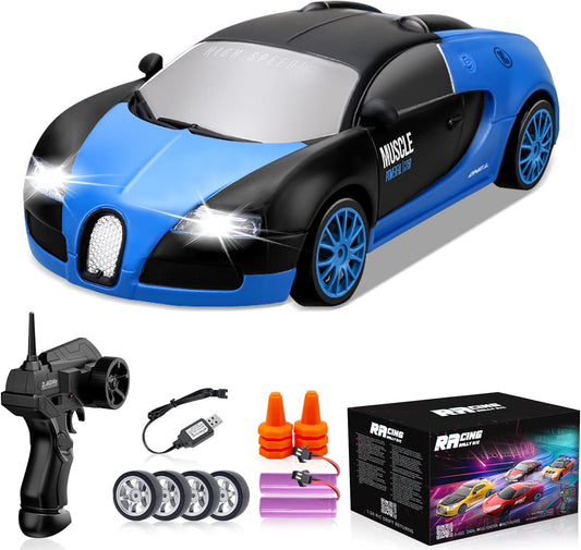 RC Drift Car, 1:24 4WD Drifting RC Cars 2.4GHz High Speed Remote Control Car with LED Light, Two Batteries and Drift Tires Racing Toy Cars for Kids Boys Girls Adults, Blue