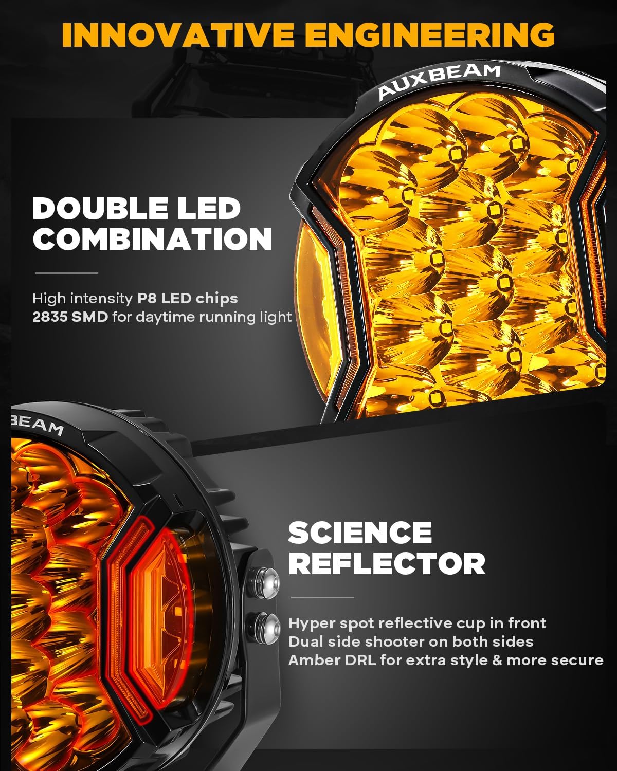 Auxbeam V-Ultra Series 7" 226W Side Shooter LED Offroad Lights, Amber DRL 3 Modes Light Bar, 270° Coverage Round LED Pods Spotlights, 26800LM Yellow Fog Lights with Protective Covers, Pair