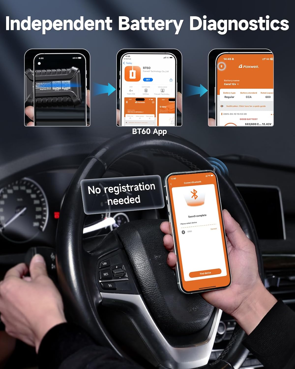 FOXWELL BT60 Car Battery Tester, 12V Bluetooth Battery Load Analyzer via App, 100-2000CCA Automotive Alternator Tester, Cranking Charging System Checker for Car Marine RV Motorcycle Truck ATV