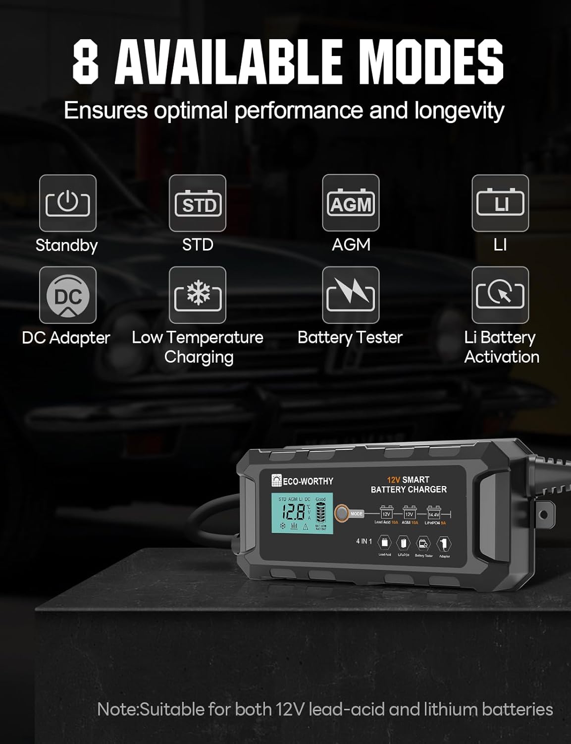 ECO-WORTHY 10A Lifepo4 Battery Charger 12V, Smart Car Battery Charger Automotive Battery Maintainer, Trickle Charger and Desulfator for Lead Acid Motorcycle Marine Boat