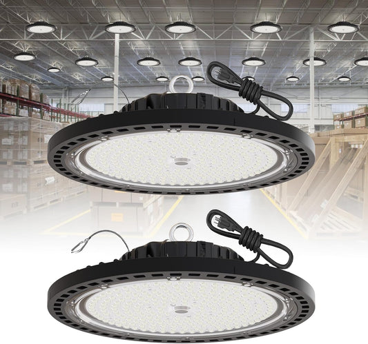 2 Pack UFO LED High Bay Light 150W, 21000 LM, 5000K with 5ft Power Cord, US Plug, Bright LED Shop Light for Basement Commercial Factory Garage Lighting, IP66 Waterproof, AC110-277V, ETL Listded