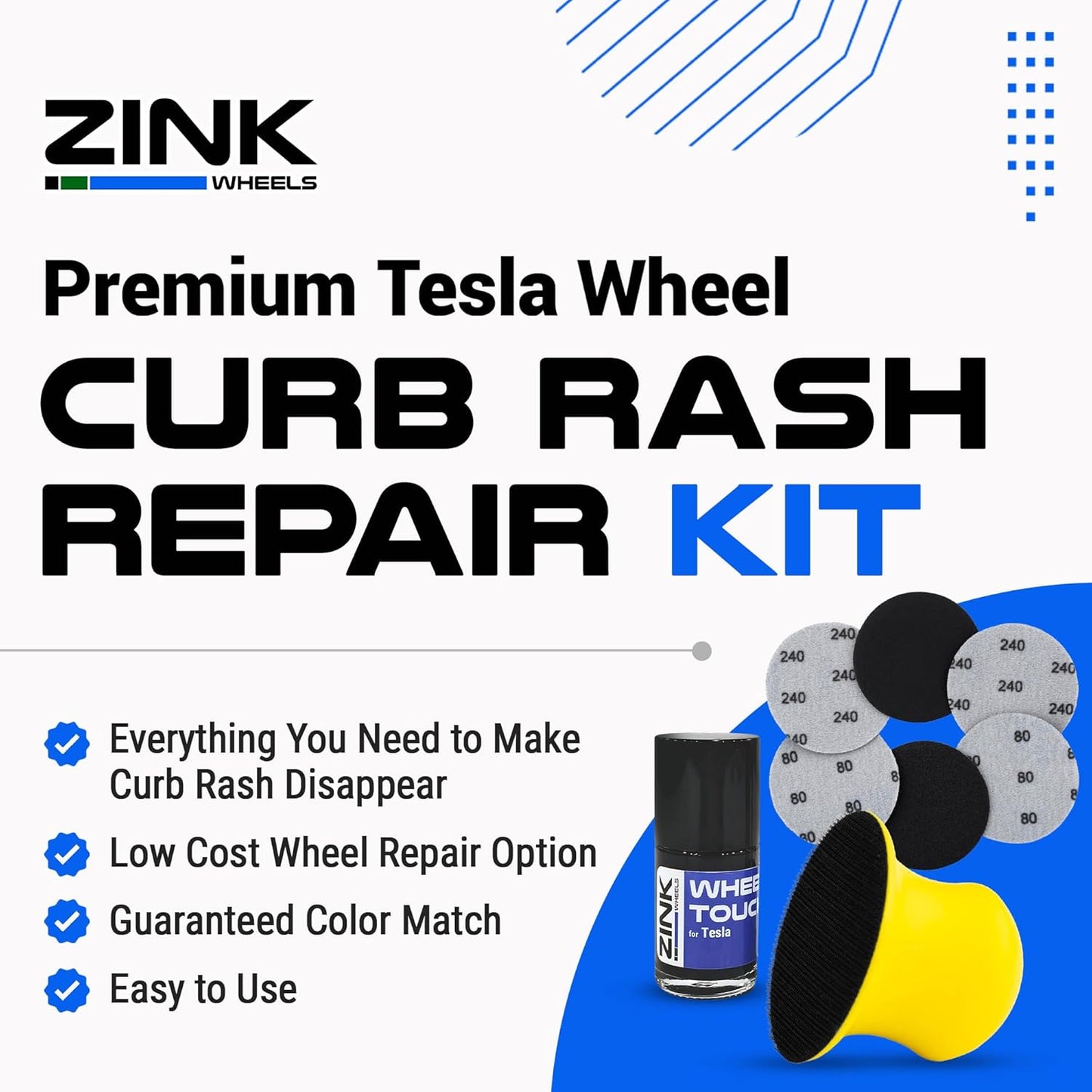 Premium Tesla Wheel Curb Rash Repair Kit for Model S 21-inch Sonic Carbon Twin Turbine Rims - DIY Kit with Color-matched Touch Up Paint - Made in USA