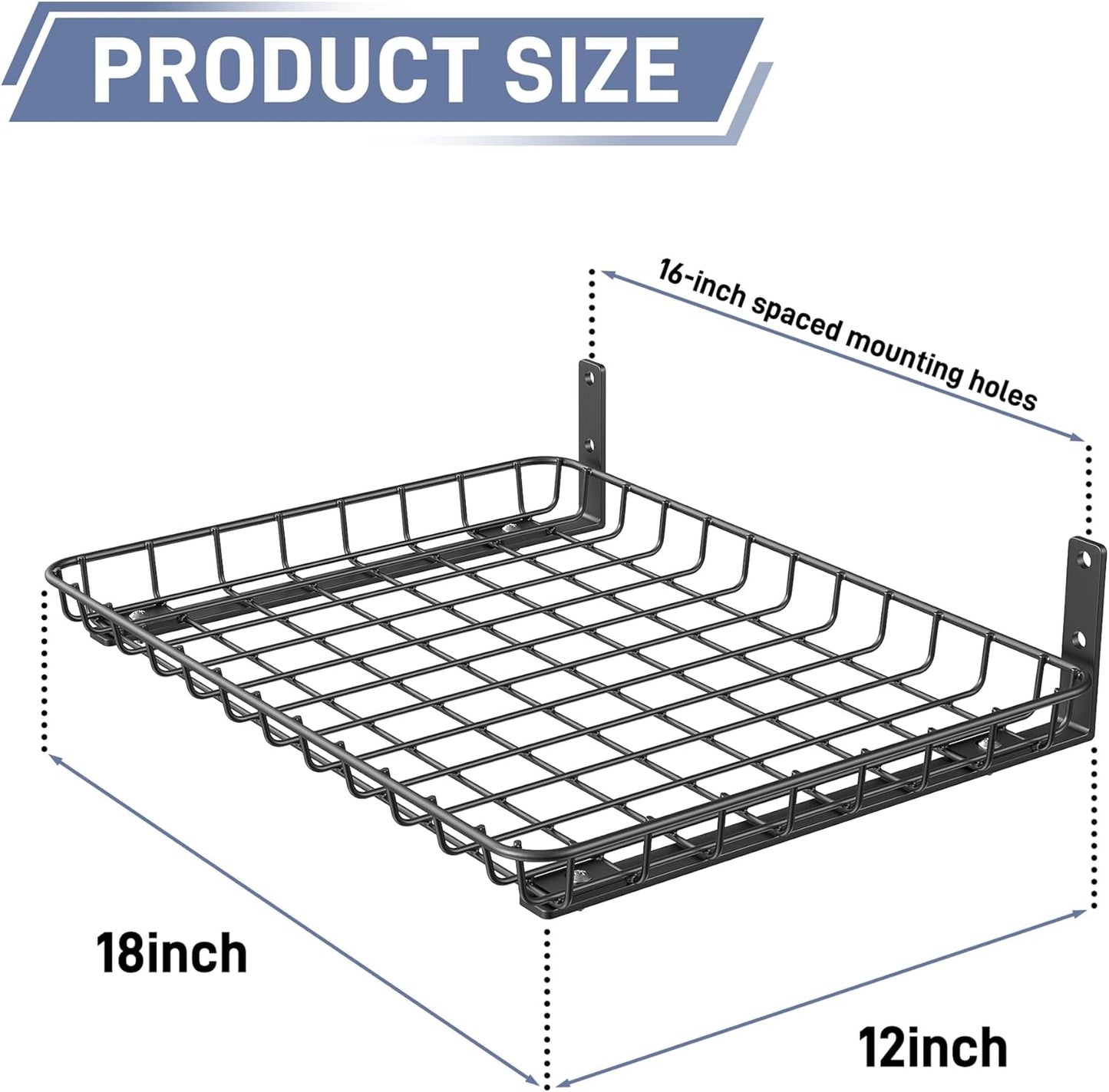 WALMANN Garage 12x18 inch Wall Shelf, Wall-Mounted Storage Shelves for Garage, Closet, Laundry Room, Heavy Duty Wall Shelving, Holds Up to 60 lbs(Pack of 2, Black)