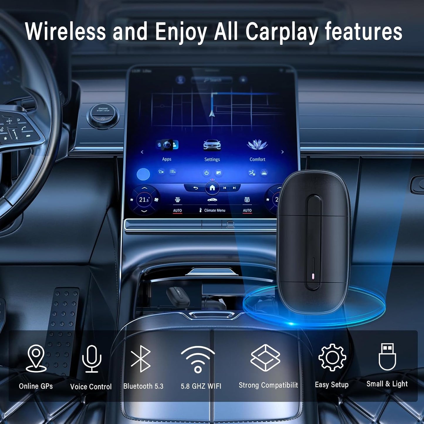 Wireless Carplay Adapter for iPhone, Easy to Upgrade Wired CarPlay to Wireless, Plug & Play, Mini Size with USB A & Type-C, Wireless Control Adapter for Cars from 2017 and iOS 10+ (Black)