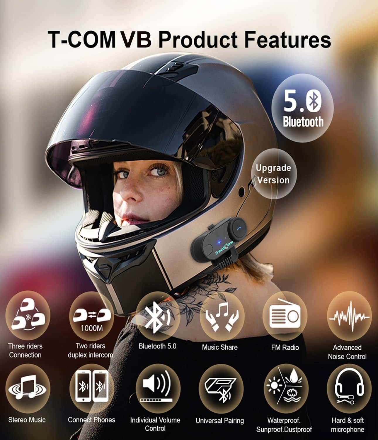 FreedConn Motorcycle Helmet Bluetooth Headset,TCOM VB with Music Sharing 2-Riders 800M Universal Intercom Communication Systems,Waterproof Motobike Interphone/FM/Siri/BT5.0/2 in 1 Mic for All Helmets