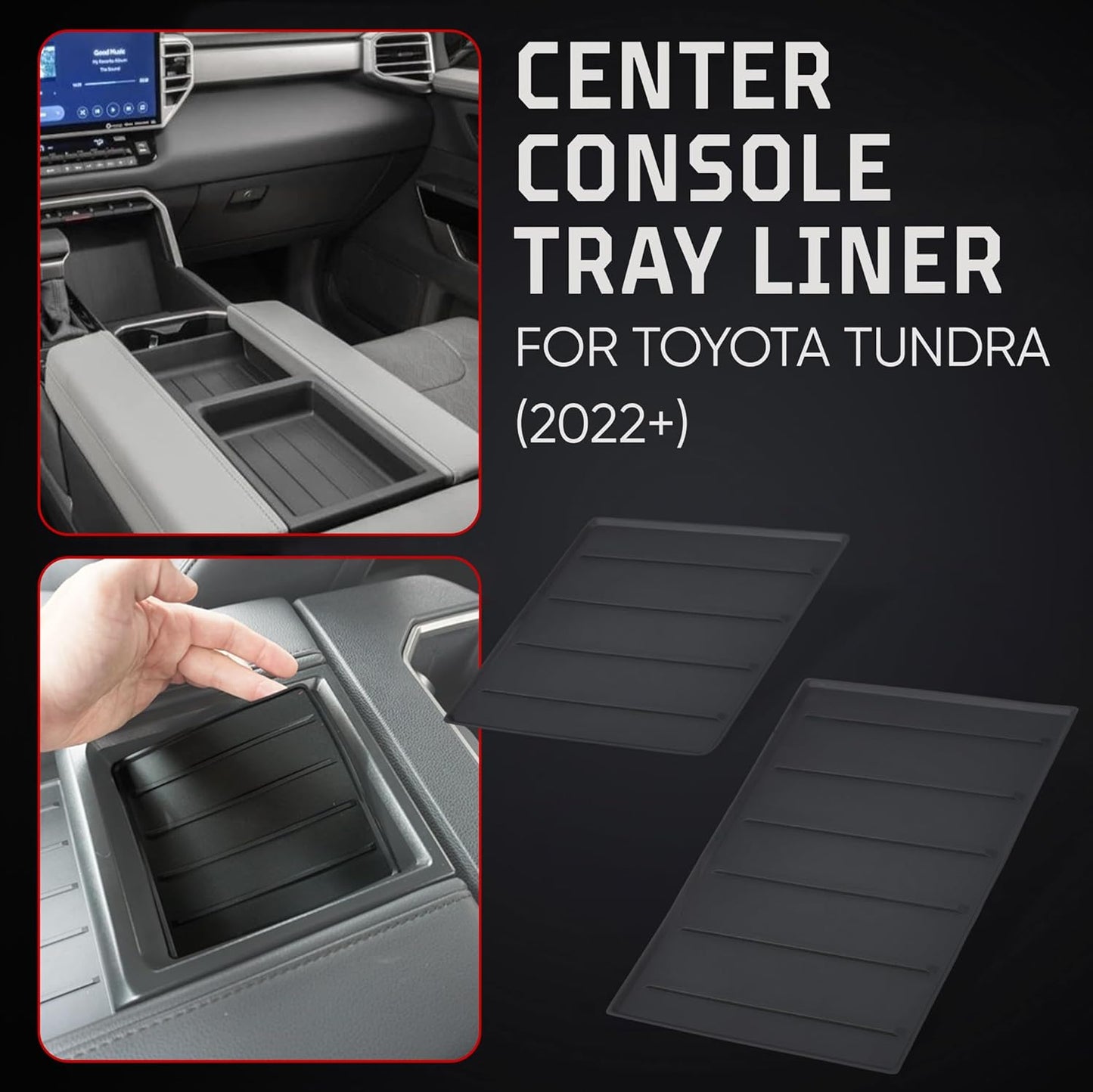 AJT DESIGN Center Console Tray Liner for Toyota Tundra (2022+) & Sequoia (2023+) | Non-Slip Mat & Anti-Rattle Center Console Organizer Tray - 2 Piece | Easy Installation-Made in USA