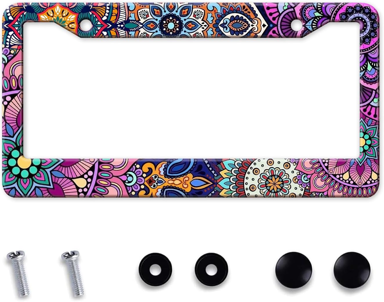 Mandala License Plate Frame, Boho Floral License Plate Holder, Flower Car Tag Holder Metal Aluminum Rustproof Car Accessories for Women Men 2 Holes with Screw Caps
