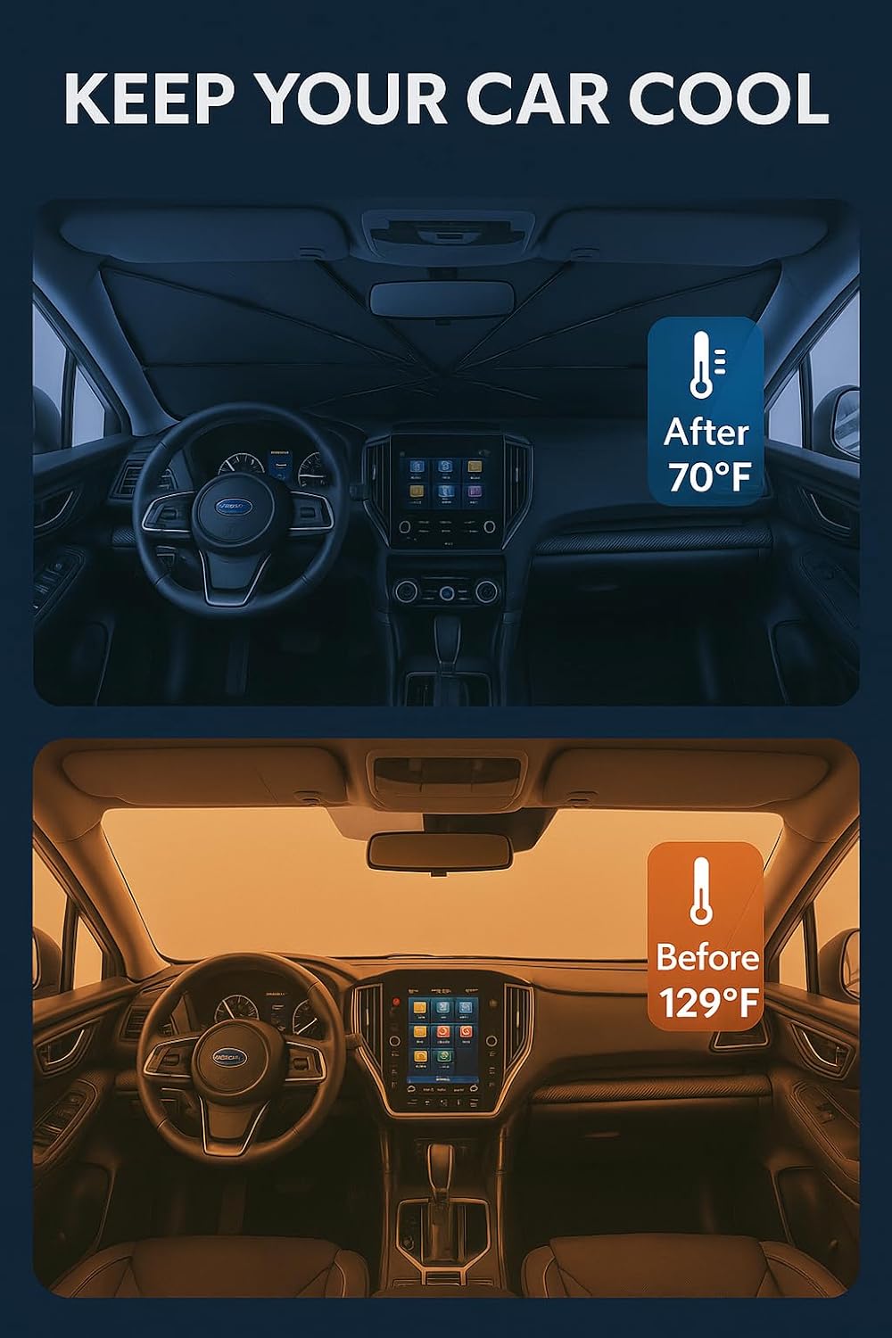 Proadsy Windshield Sun Shade Umbrella for Subaru Ascent 2019-2025 2026 Foldable Car Umbrella Sunshade with Soft TPU Handle Spring Structure Crystal Cooling Material Protect Car from Rays & Heat