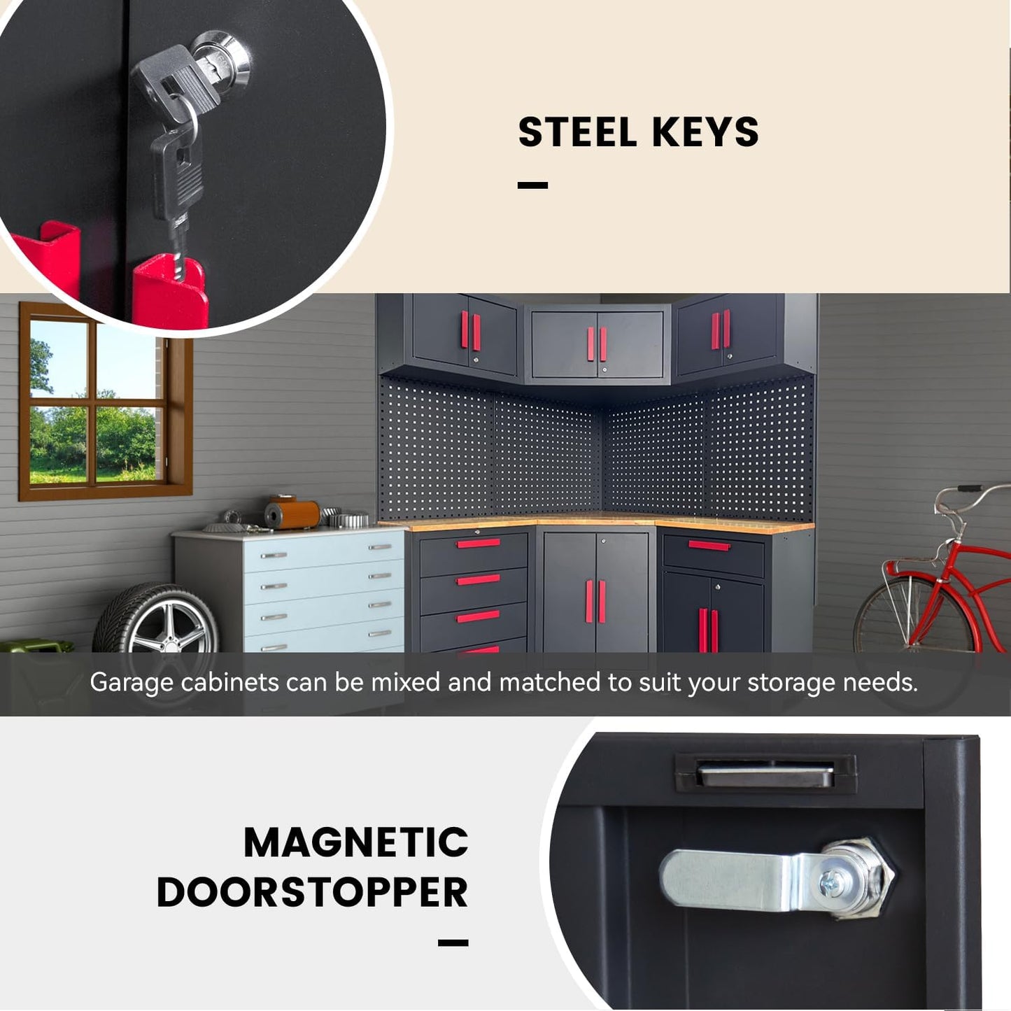 Corner Workshop Set - 10-Pcs Garage Cabinets and Storage System with Corner Cabinet, Cabinet Drawers, Workbench, Pegboard for Tool Organization, Red and Black