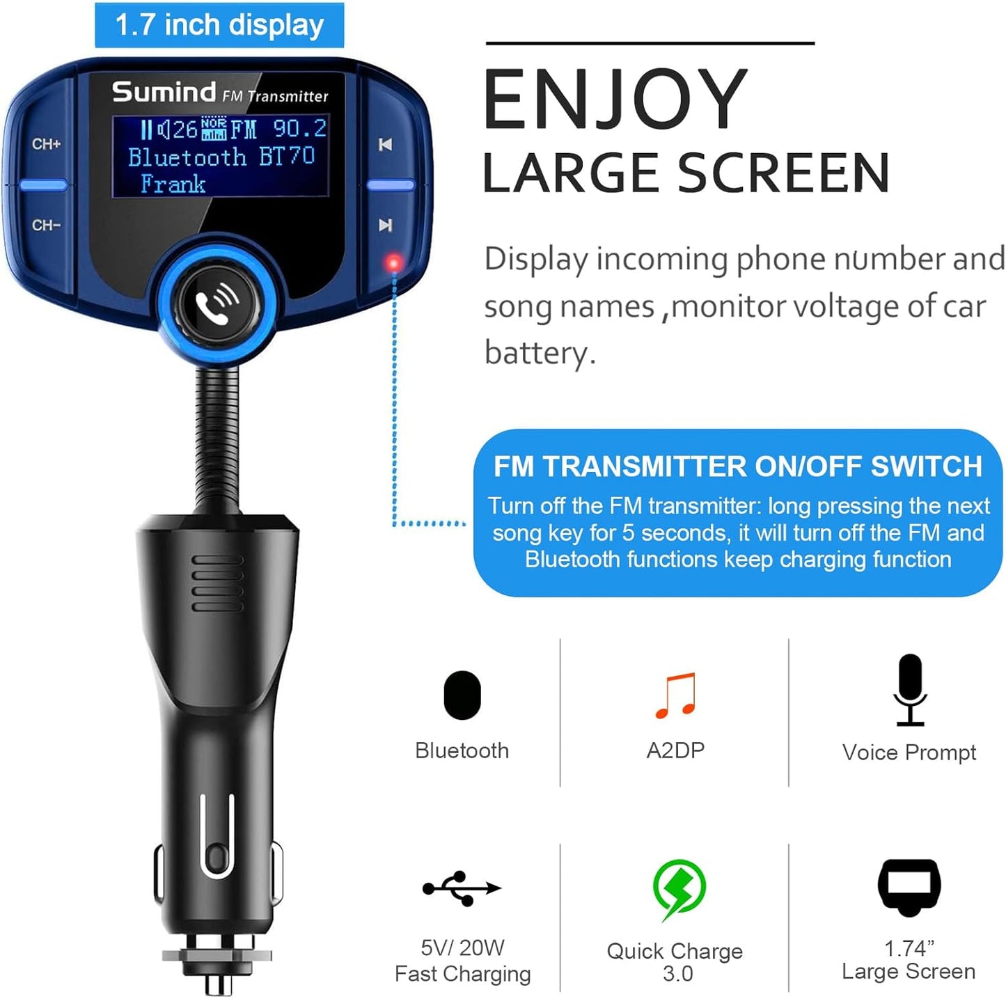 Upgraded Bluetooth FM Transmitter, Wireless Radio Adapter Hands Free Car Kit with 1.7'' Display, QC3.0 and Smart 2.4Amp Dual USB Ports, AUX Input/Output, TF Card Mp3 Player (PD, Blue)