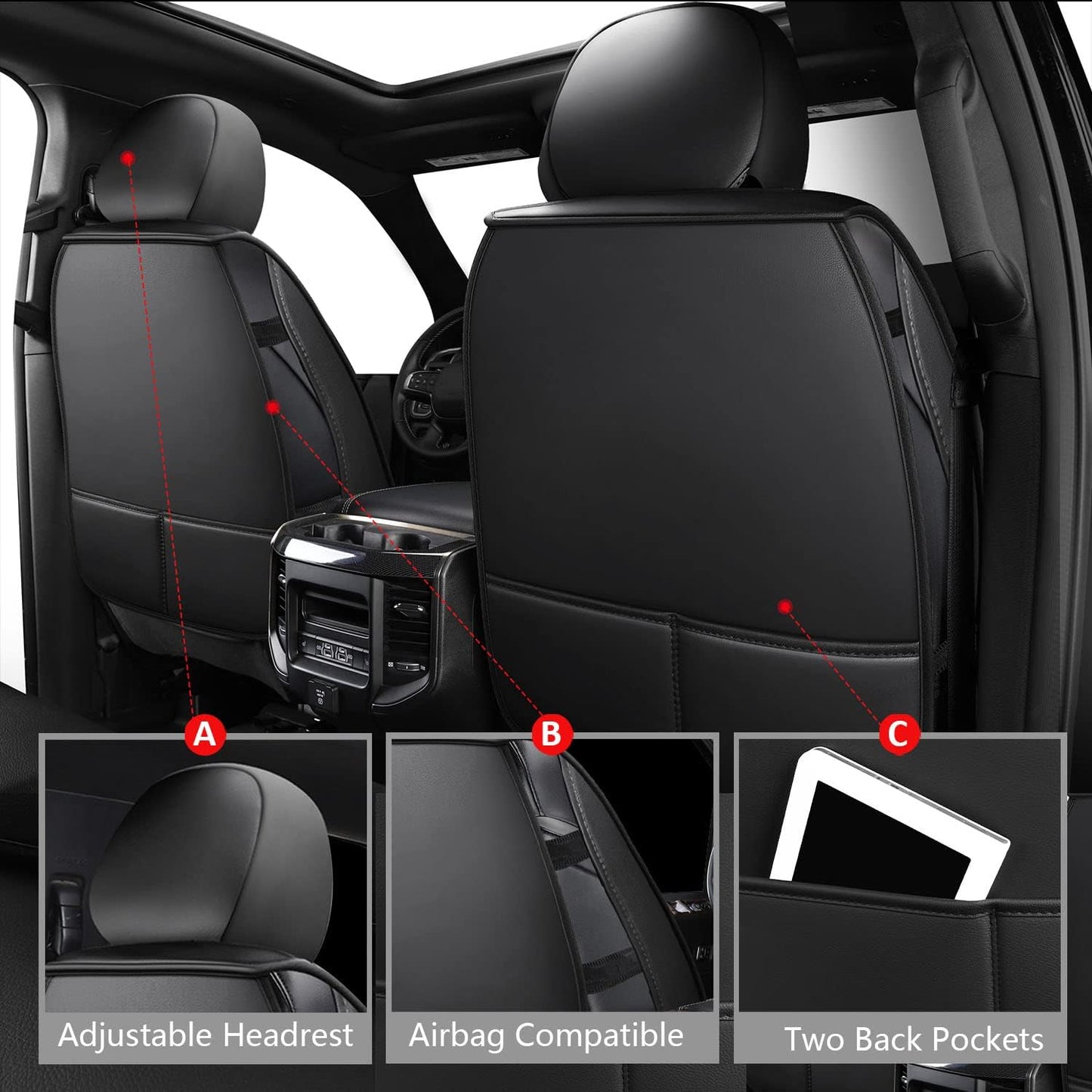 MIROZO Truck Seat Cover for Dodge Ram, Waterproof Ram Seat Cover Compatible with 2009-2025 RAM 1500 2500 3500 Truck Pickup Crew Quad Cab with Split Bench 40/60(Black,Full Set Curved Back)