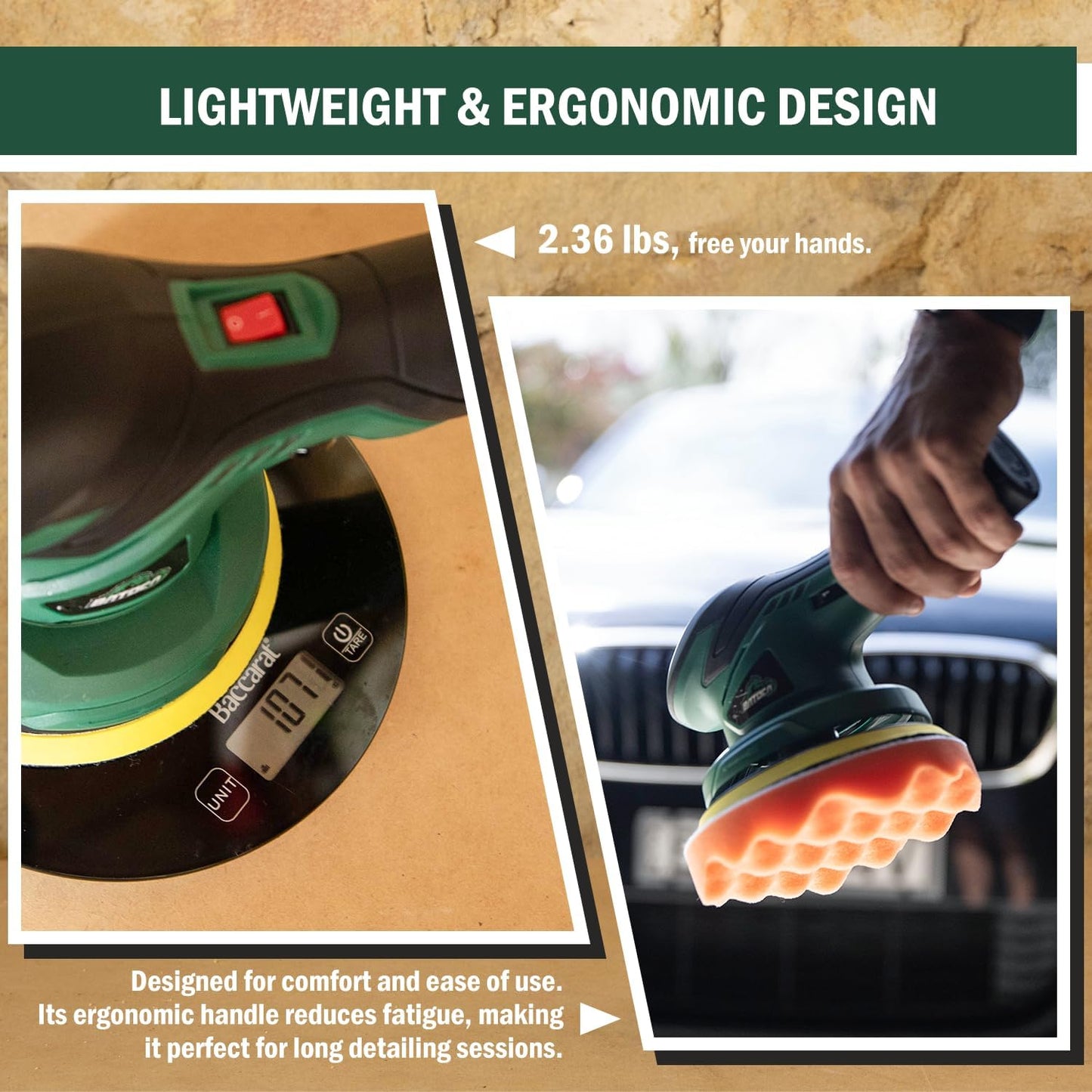 BATOCA - Cordless Car Buffer Polisher - 2pcs 2.0Ah 12V Lithium-ion Rechargeable Battery Powered Brushless Polisher with 6 Variable Speed, DA Orbital Buffer for Car Detailing, Polishing, Waxing