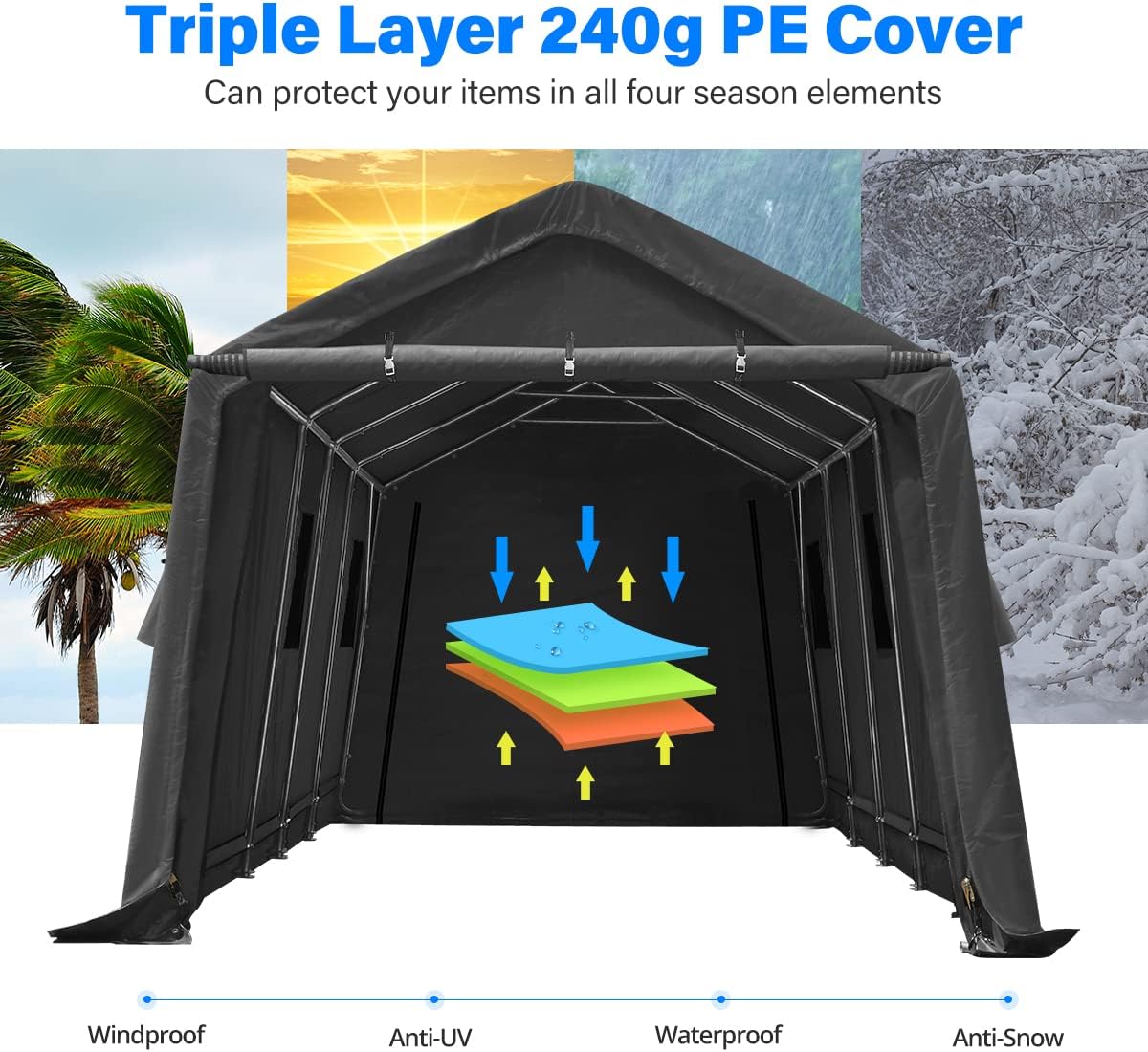 ADVANCE OUTDOOR 13x20 ft Carport 2 Roll up Doors & Vents Outdoor Portable Storage Shelter Garage Tent for Vehicle Boat Truck Anti-UV Snow Resistant Waterproof, Gray