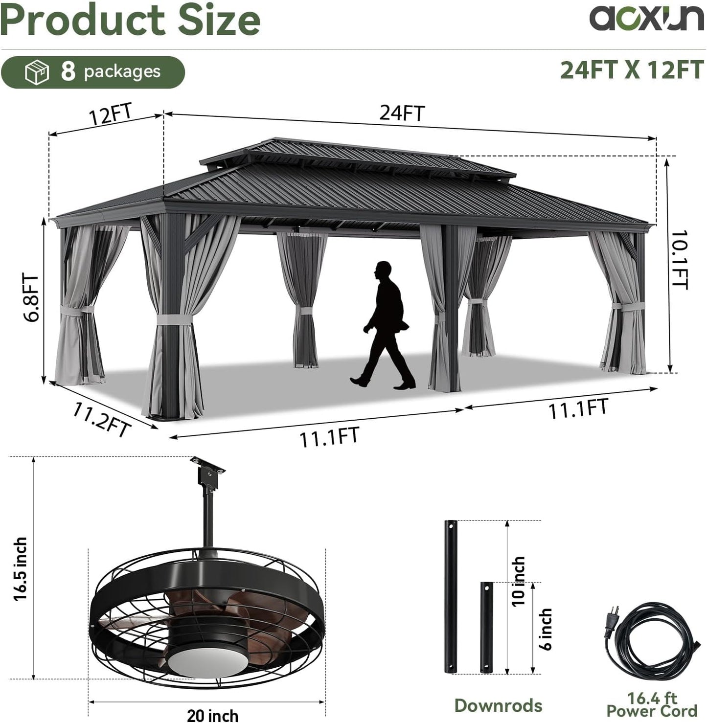 Aoxun 12' X 24' Hardtop Gazebo with Drainage System, Aluminum Outdoor Gazebo with Galvanized Steel Double Roof, Patio Permanent Metal Pavilion with 20 inch Ceiling Fan, for Garden, Deck, Grey
