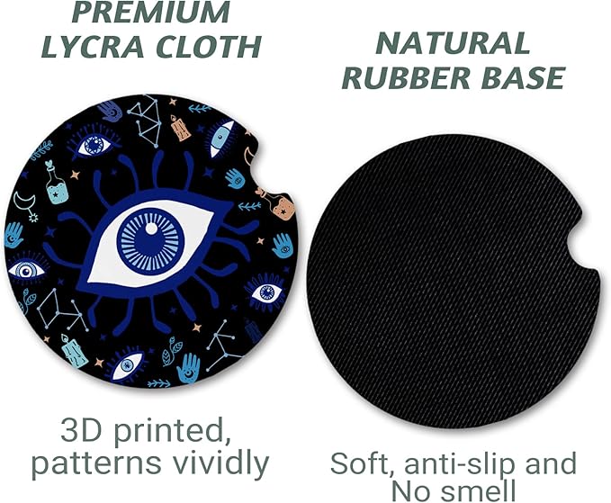 Car Coasters for Cup Holders，2.75" Anti Slip Rubber Mat with A Finger Notch, 2 Pack Car Cup Holder Coasters for Car Interior Accessories for Women Men Evil Eye