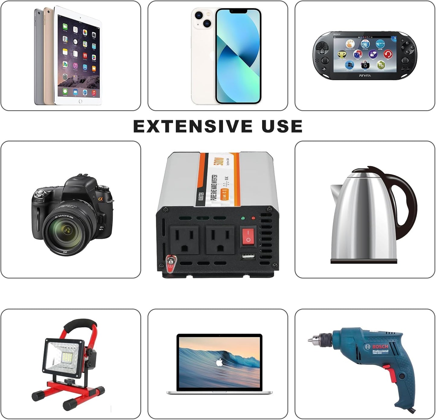 500W Power Inverter, DC 12V to 120V AC Converter for Vehicles Car, Pure Sine Wave Adapter with USB Port and 2 AC Outlets Car Charger for Laptop Smartphone Small Power Tool