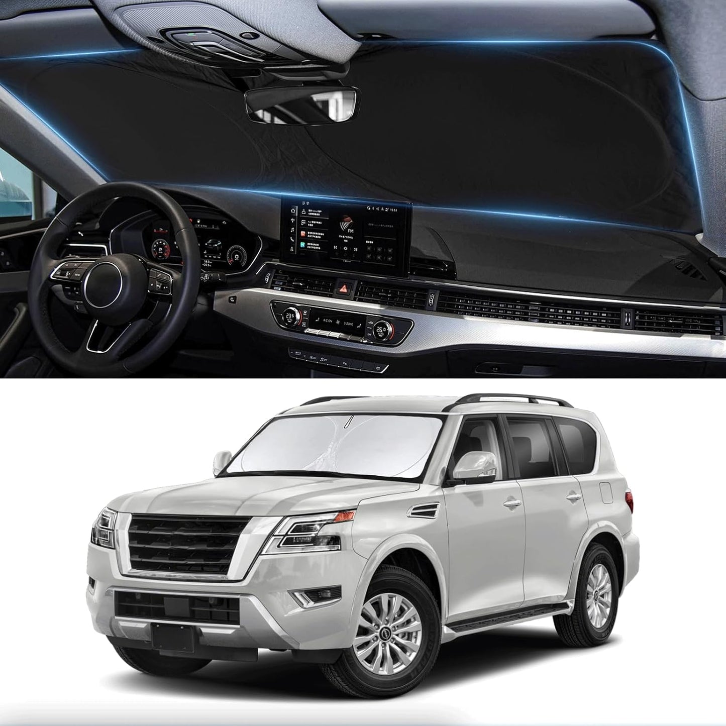 Custom Fit Armada Windshield Sunshade for 2017-2024 2025 Nissan Armada Accessories Front Window Car Shades Shield Cover for Windshield 210T Silver Coating Sun Visor Protector Reflector Blocks UV