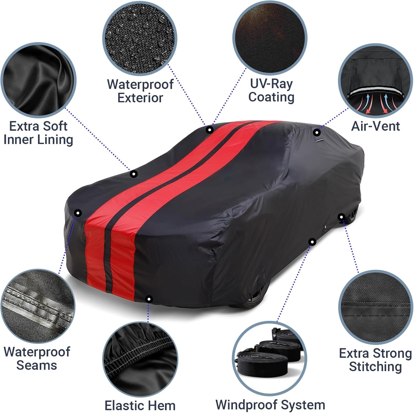 iCarCover Custom Car Cover for Chevy Monte Carlo (1970-1972) Waterproof All Weather Rain Snow UV Sun Protector Full Exterior Indoor Outdoor Car Cover (Stripe - Black/Red)