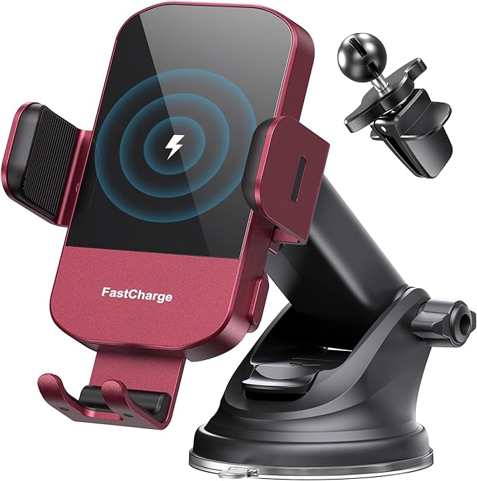 CHGeek 15W Fast Charging Auto Clamping Car Charger Phone Mount Phone Holder (Red)