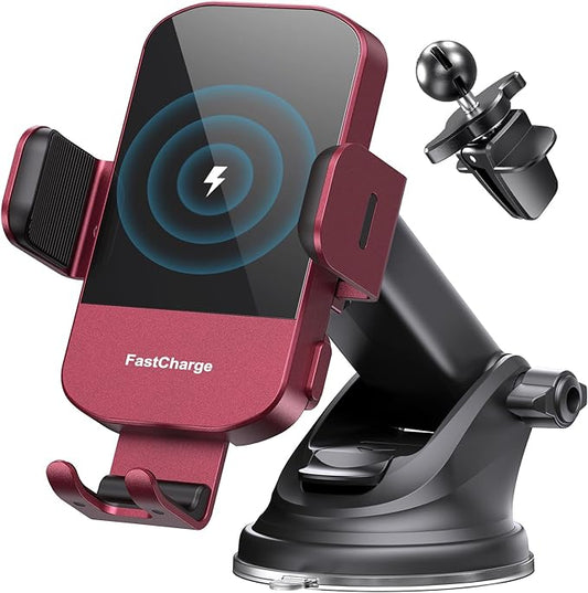 CHGeek 15W Fast Charging Auto Clamping Car Charger Phone Mount Phone Holder (Red)