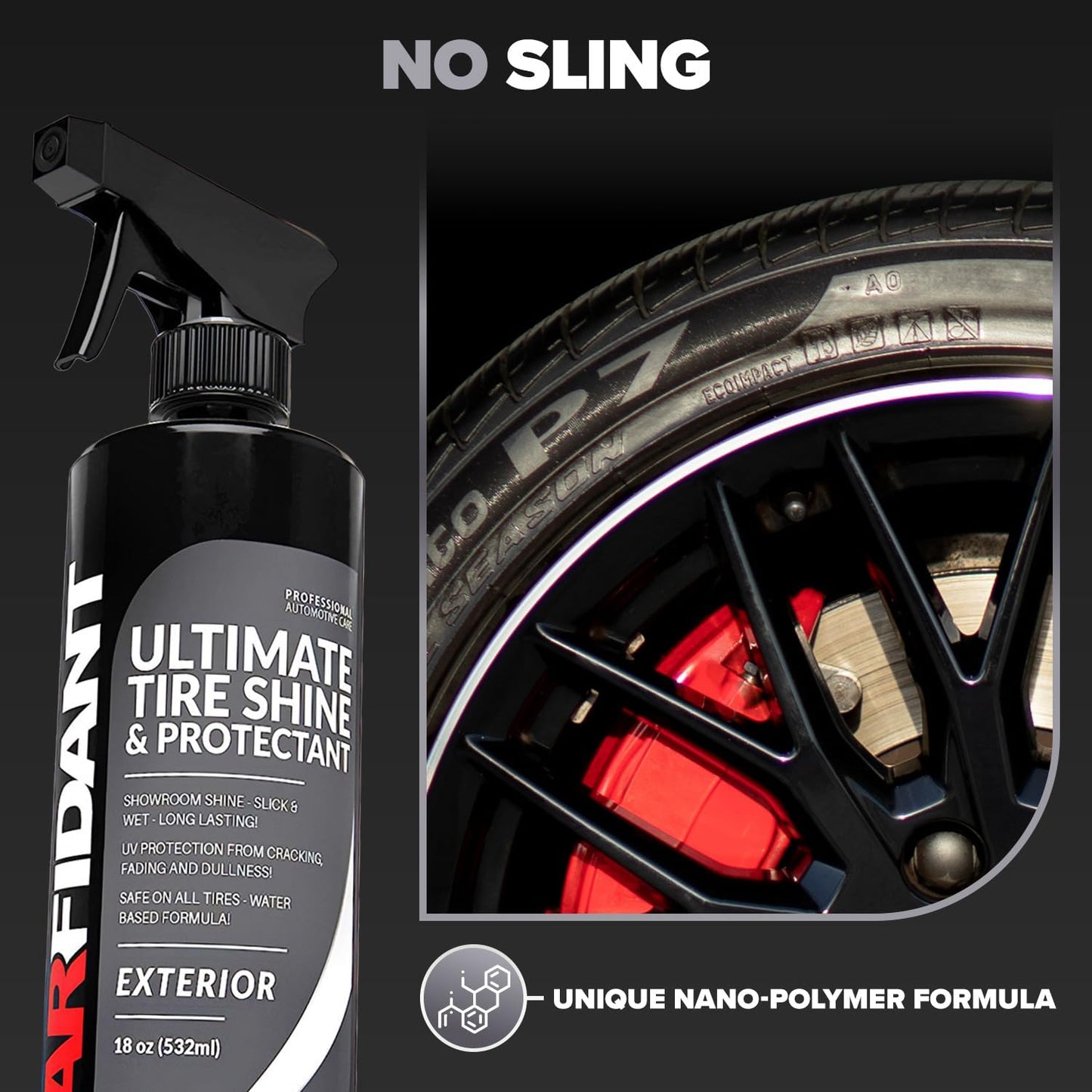Carfidant Tire Shine Spray - Black Satin Finish - Premium Car Tire Dressing - Long Lasting - No Sling No Grease Formula with UV Protection - 18 fl. Oz with Applicator Pad