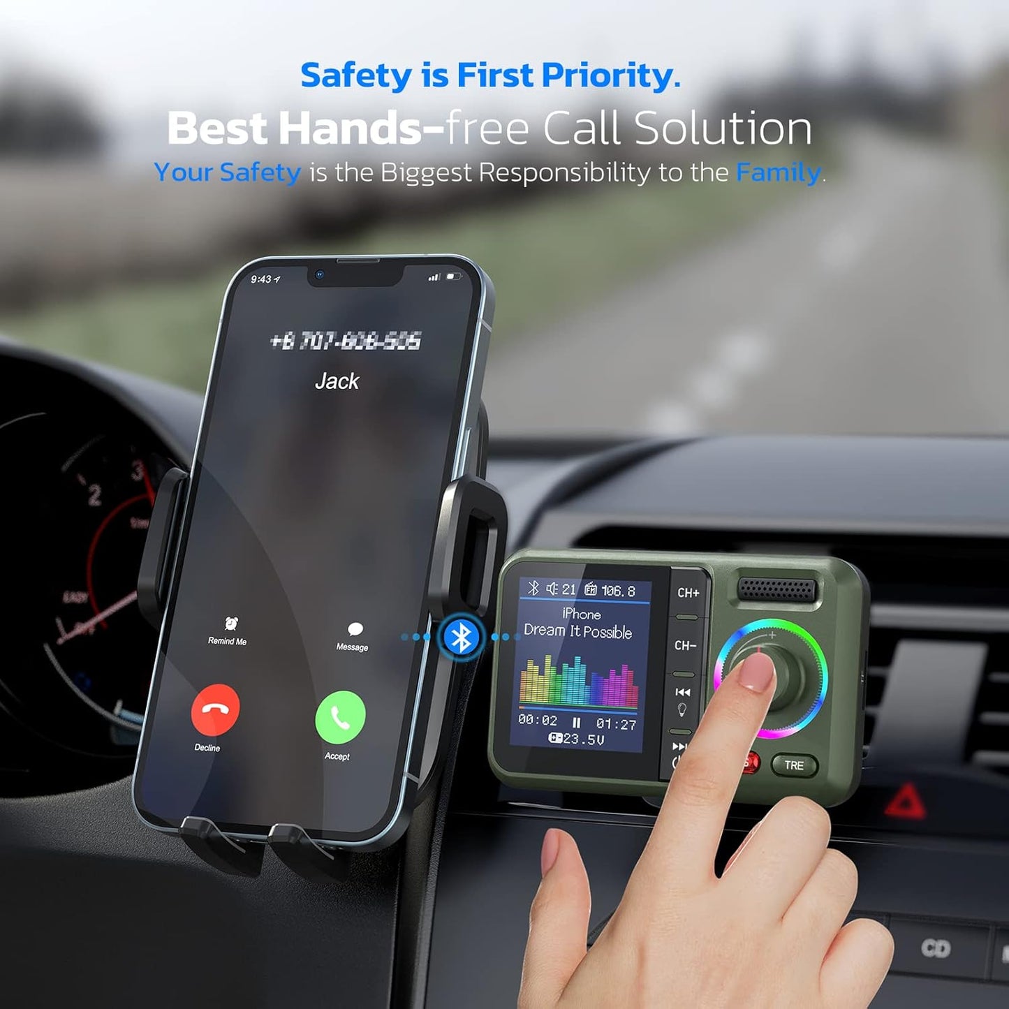 Nulaxy Bluetooth FM Transmitter for Car, Wireless Car Bluetooth Adapter with Big Color Screen, Support QC3.0 Fast Charging, Hands-Free Call, MP3 Music Player BASS&TRE Booster, TF Card AUX-KM28 Green