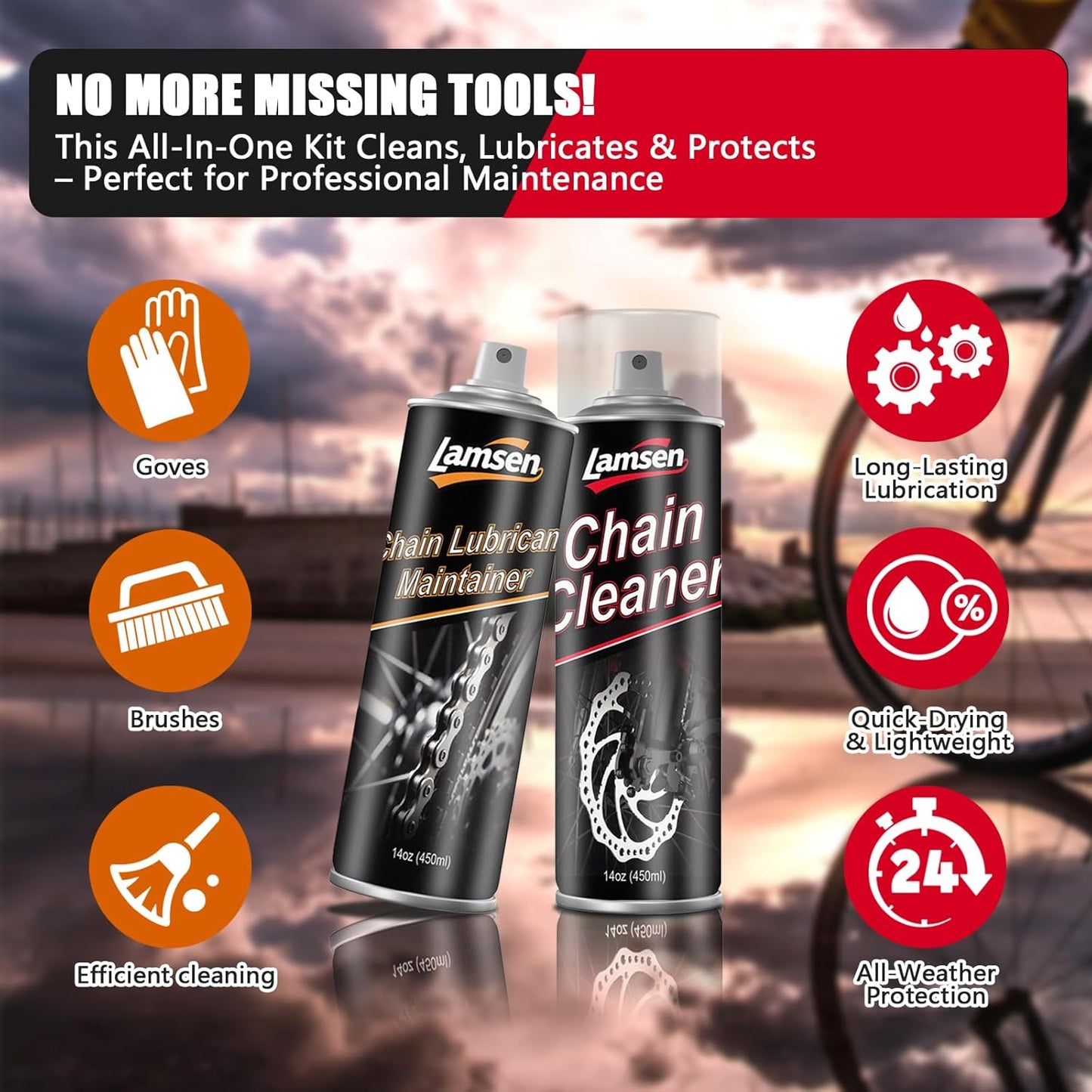 Chain Cleaner Kit, Professional Bike Chain Cleaner Set, Motorcycle Cleaning Kit with Chain Cleaner 17oz & Chain Lube 14oz Including Brushes and Gloves for Cleaning and Maintain All Bicycles （1 pack)