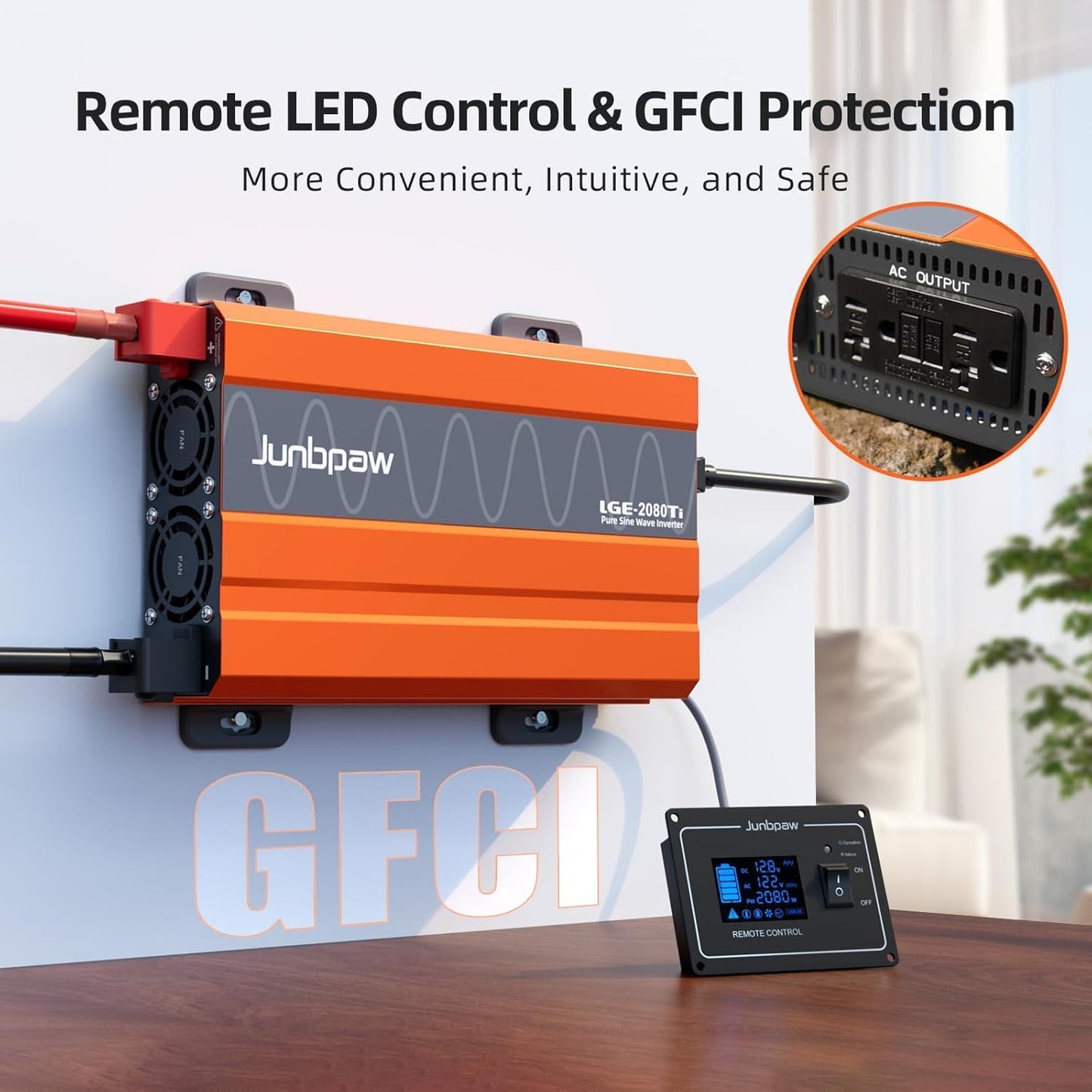 2080W Pure Sine Wave Inverter, 12V DC to 110V/120V AC, 6000W Peak, 5V/2.1A USB, Quiet Fan, Capacitor, Off-Grid Solar Power for RV, Camping, Emergency, Truck (LGE-2080Ti)