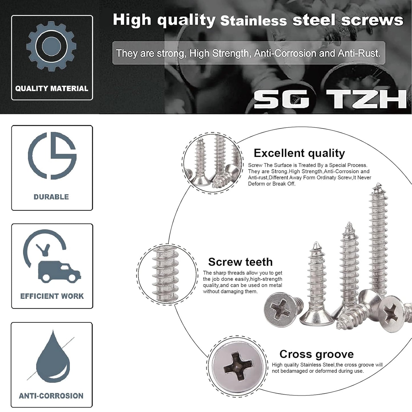 #6 x 1" Wood Screw 100Pcs 18-8 (304) Stainless Steel Screws Flat Head Phillips Fast Self Tapping Drywall Screws by SG TZH