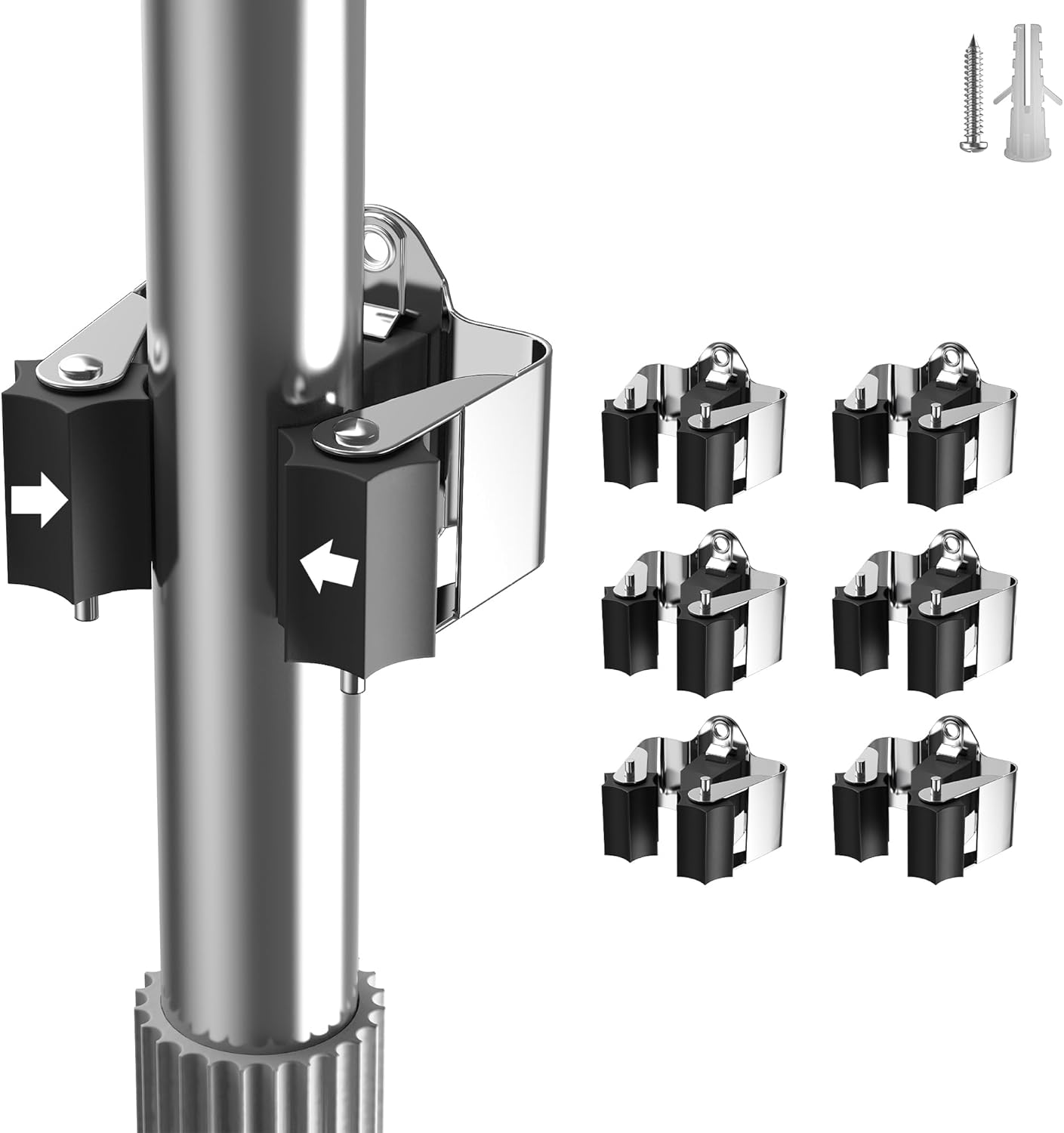 Broom Holder Wall Mount – 6 Pack Broom Rack with Star Shaped Rubber Rollers & Nickel Plated Brackets for Strong Grip and Long Life – Ideal for Garden Tools Organization