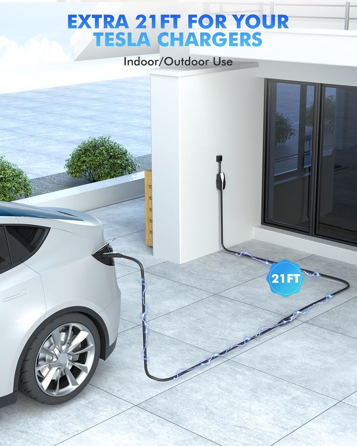 EV Charger Extension Cable for Tesla Charger, 50Amp 21ft Max 240V 12kW with NACS Plug, EV Extension Cord for Level 1/2 Tesla Mobile Charger/Wall Connector, Extension Cord for ModelY/X/3/S/Cyber-truck