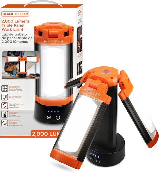 BLACK+DECKER Utility Light, Rechargeable 2000 Lumens LED 3 Panel Work Light with 6000mAh Battery Bank & Flashlight, 3 Light Colors, 4 SOS Modes, Dimmable, IP44 Water-Resistant, Magnetic & Hook Mount