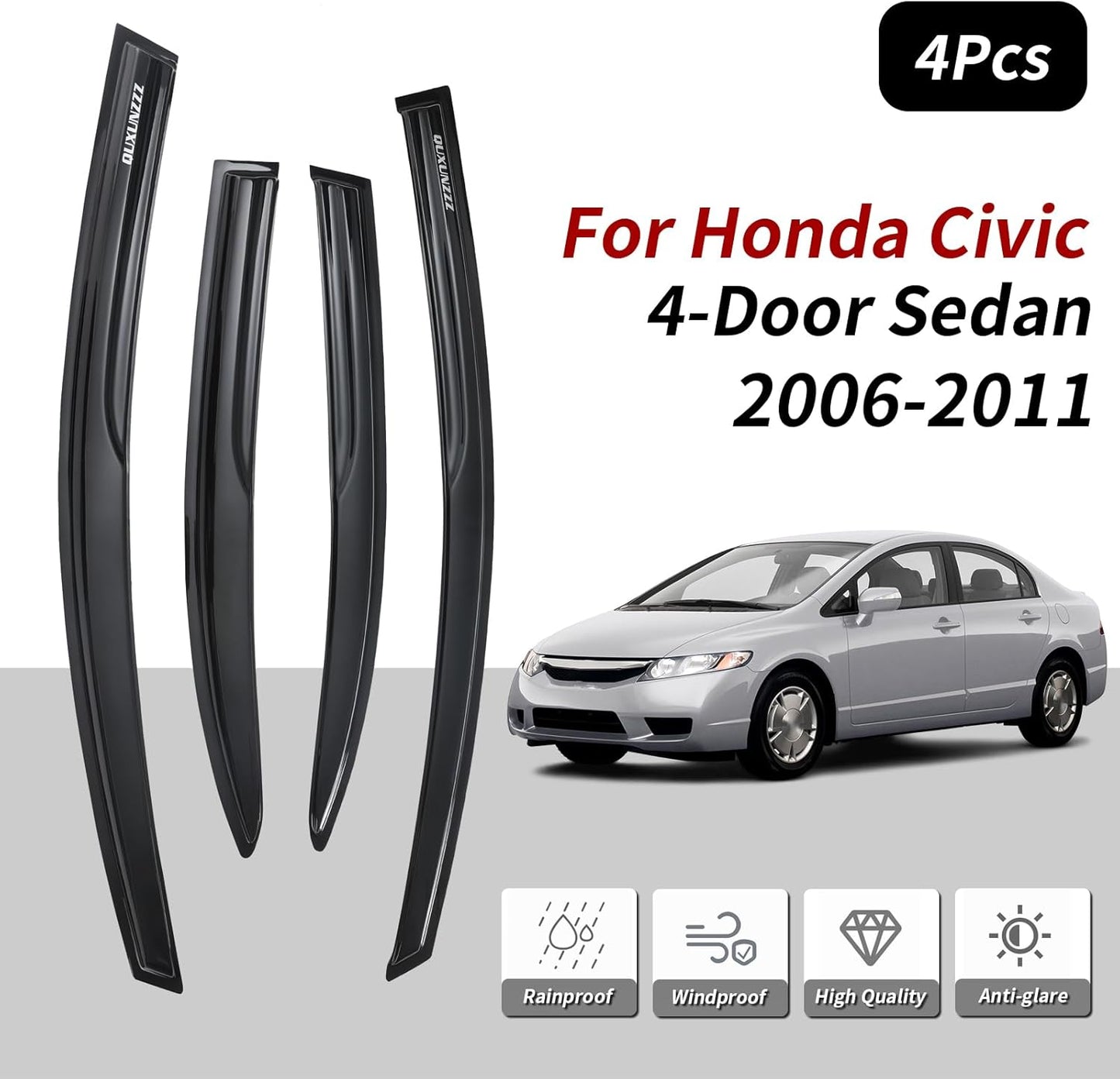 Rain Guards Side Window Visor Vent Outside Mount, 4PCS Fits for Honda Civic 4-Door Sedan 2006 2007 2008 2009 2010 2011