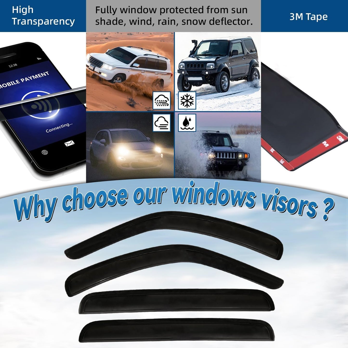 4pcs Front+Rear Smoke Tint Sun/Rain Guard Outside Mount Tape-On Vent Window Visors Compatible with 08-13 Liberty KK