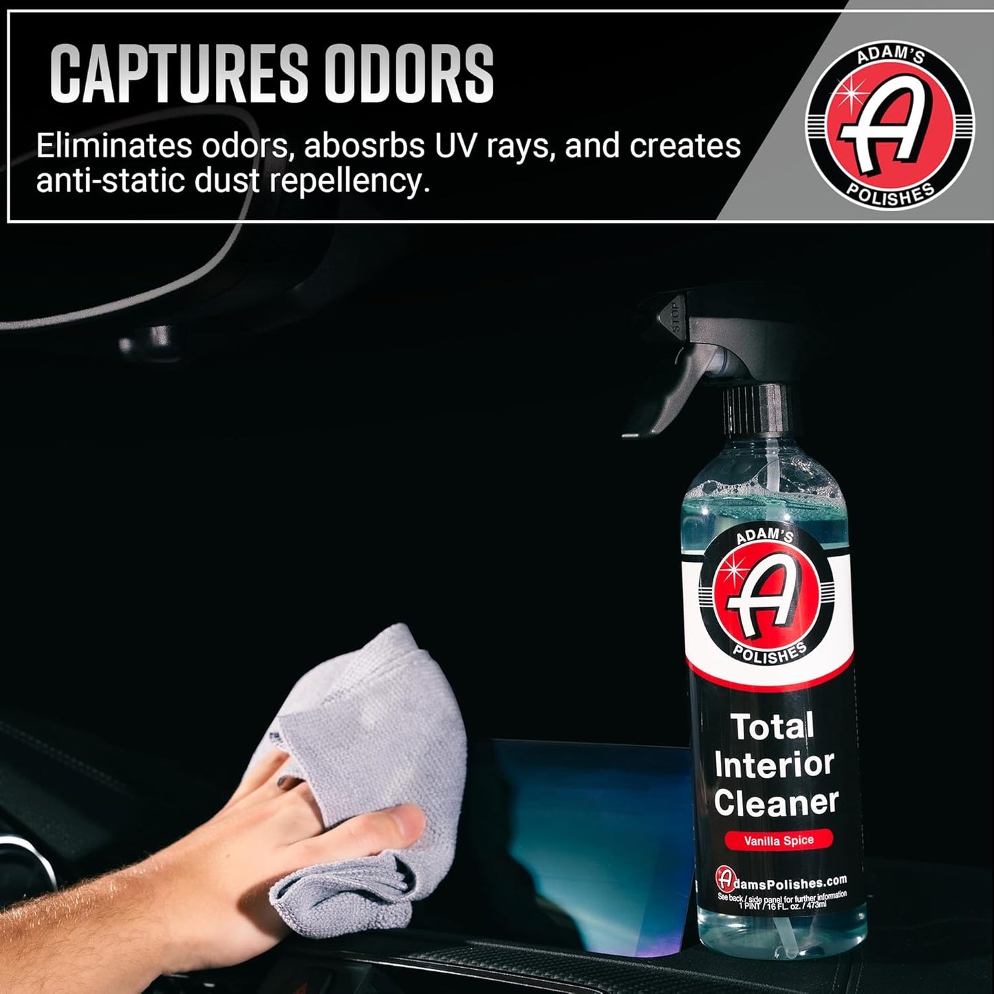 Adam's Polishes Total Interior Cleaner & Protectant, Quick Detailer & SiO2 Protection, Ceramic Infused, Anti-Static, OEM Finish, For Leather, Vinyl, Plastics, Glass & More