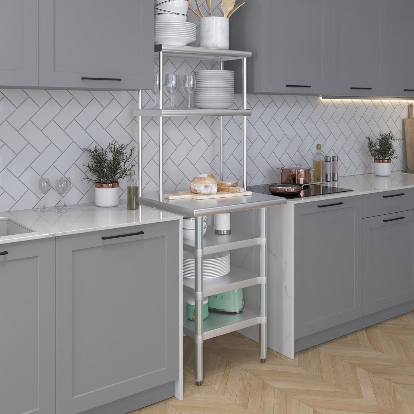 Amgood 24" x 24" Stainless Steel Work Table with 3 Shelves and 12" Wide Double Tier Overshelf | Metal Kitchen Prep Table & Shelving Combo | NSF