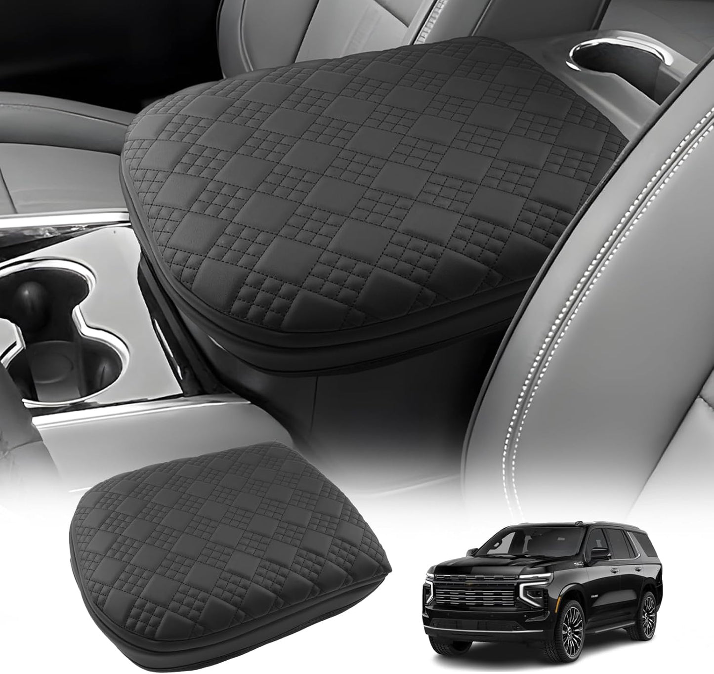 LUWU 2025 Suburban Tahoe Center Console Cover Compatible with 2025 Chevrolet Suburban Tahoe Accessories 2025 Chevy Suburban Tahoe Armrest Cover Armrest Console Cover (Thick Black)