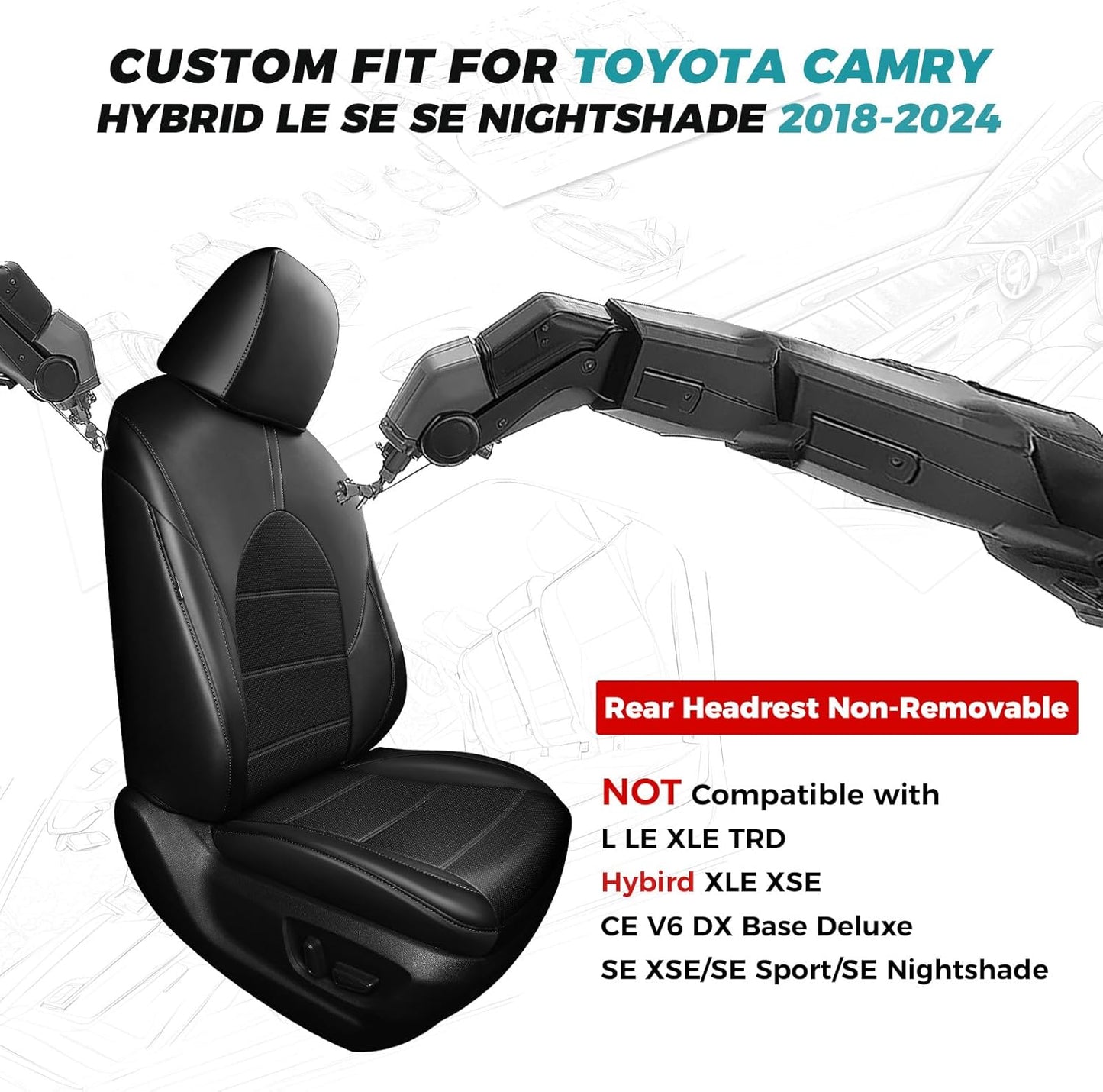 for Toyota Camry Seat Covers Hybrid LE SE 2018 2019 2020 2021 2022 2023 2024 - Custom Car Seat Covers Full Set, Breathable Leather Seat Cover for Cars, Waterproof Cushion Protectors, Black