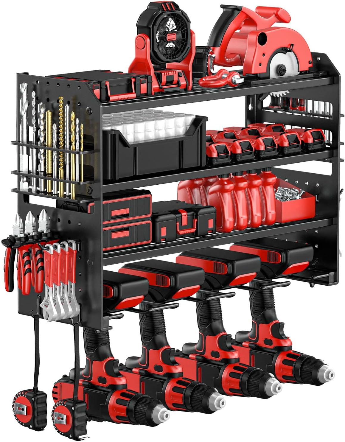 Power Tool Organizer Wall Mount, Metal Power Tool Storage Rack with Screwdriver Holder, Garage Tool Storage Shelves with Screwdriver Holder Plier Holder (Black, 4 Drills Holder)