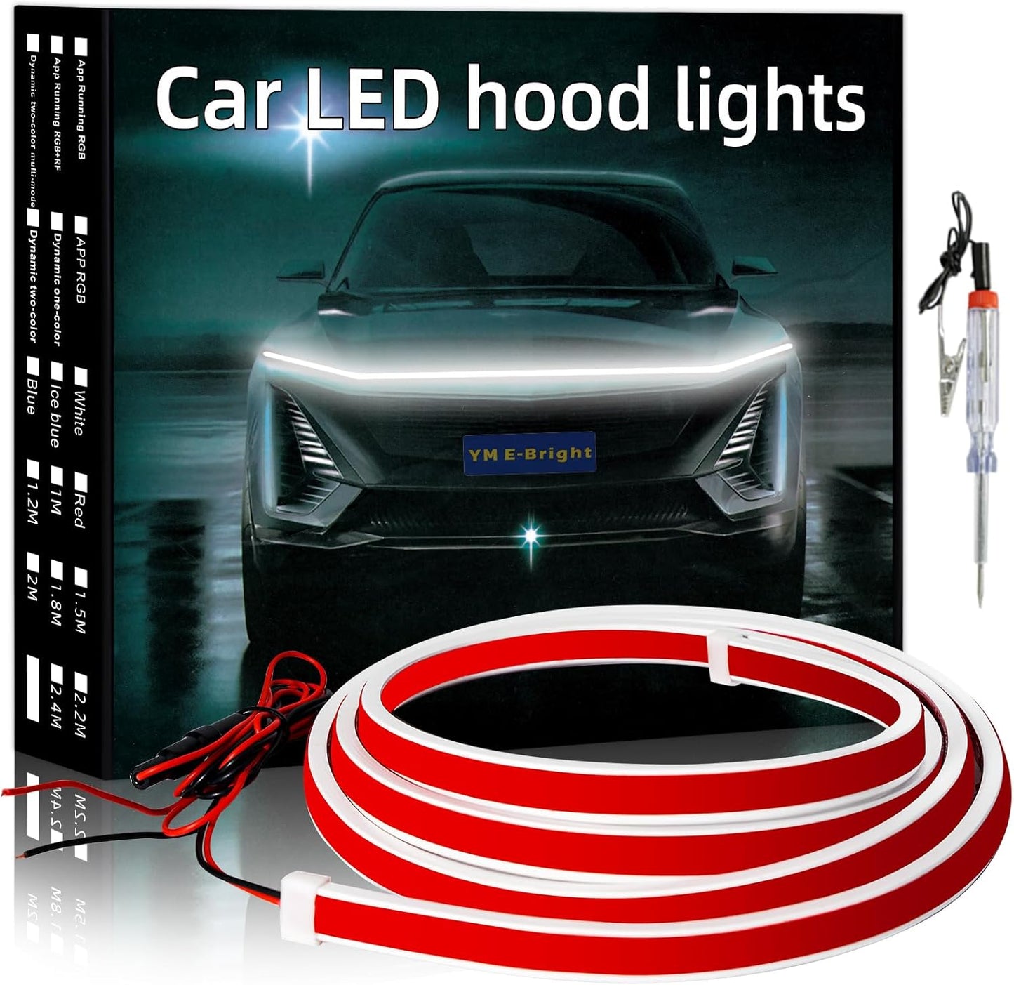 YM E-Bright Led Hood Light Strip Flexible Waterproof Dynamic Scan Start Up Hoodbeam Kit DRL Daytime Running Lights Exterior Led Lights for Cars,Truck,SUV,12V White 240CM/94inch,1 Set