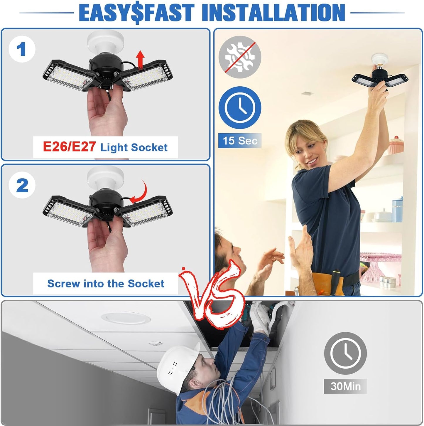 LED Garage Lights - 1 Pack, 80W, 8000LM 6500K Shop Light with 3 Deformable Panels, Basement Barn Light, E26/E27 for Shop, Warehouse, Basement