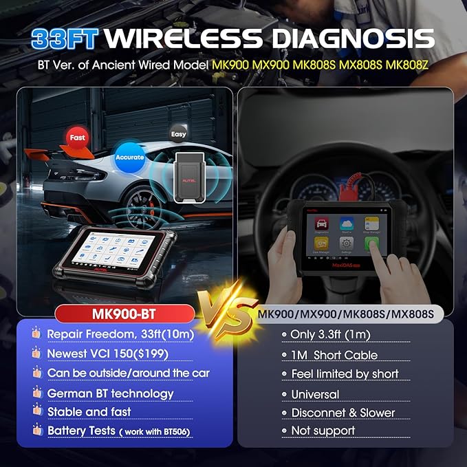 Autel Scanner MaxiCOM MK900BT: 2025 8in MK900-BT V2.0 Bidirectional Scan Tool, 33ft BT Ver. of MK900 MX900 MK808S MK808BT PRO MX808S MK808Z, 40+ Service, 3K+ Active Tests, DOIP CANFD, All System, FCA