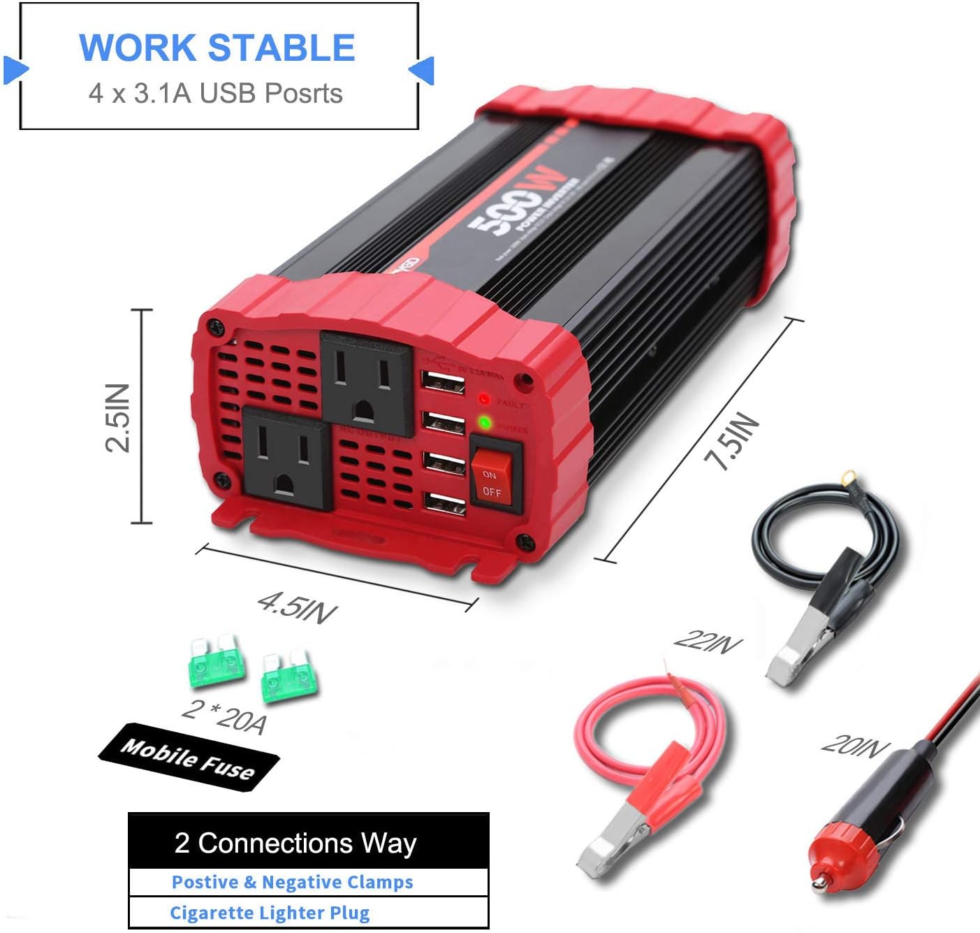 BYGD 500W Power Inverter, Car Charger Adpater DC 12V to AC 110V Car Power Converter 4 USB Quick Charging Ports and Dual AC Outlets Car Charger Adpater with Cigarette Lighter Cable and Battery Clamps