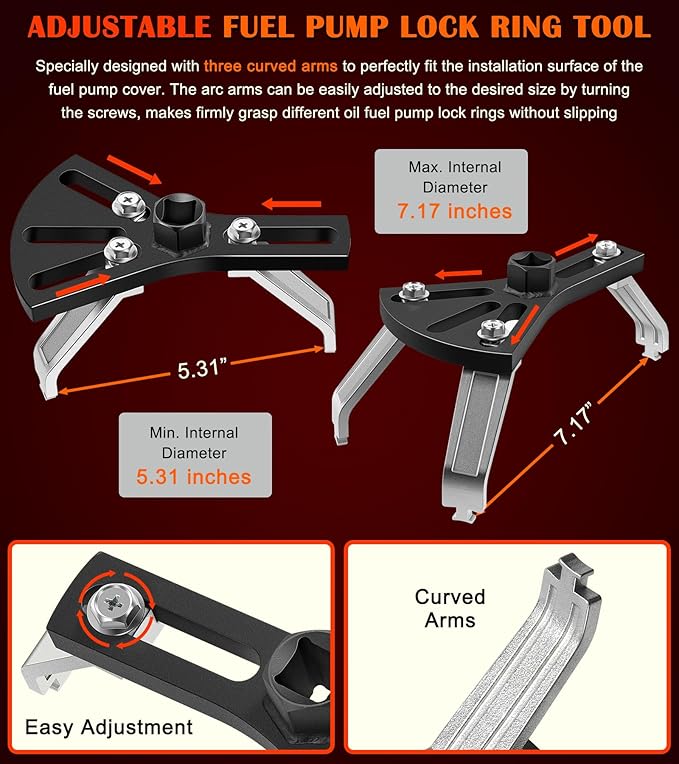 5.31" to 7.17" Adjustable Fuel Pump Lock Ring Tool + 6599 Fuel Tank Lock Ring Tool - Fuel Tank Repair Tools Set Works for Most Automotive Fuel Pump Locking Ring Like for Benz BMW Ford Nissan Volvo
